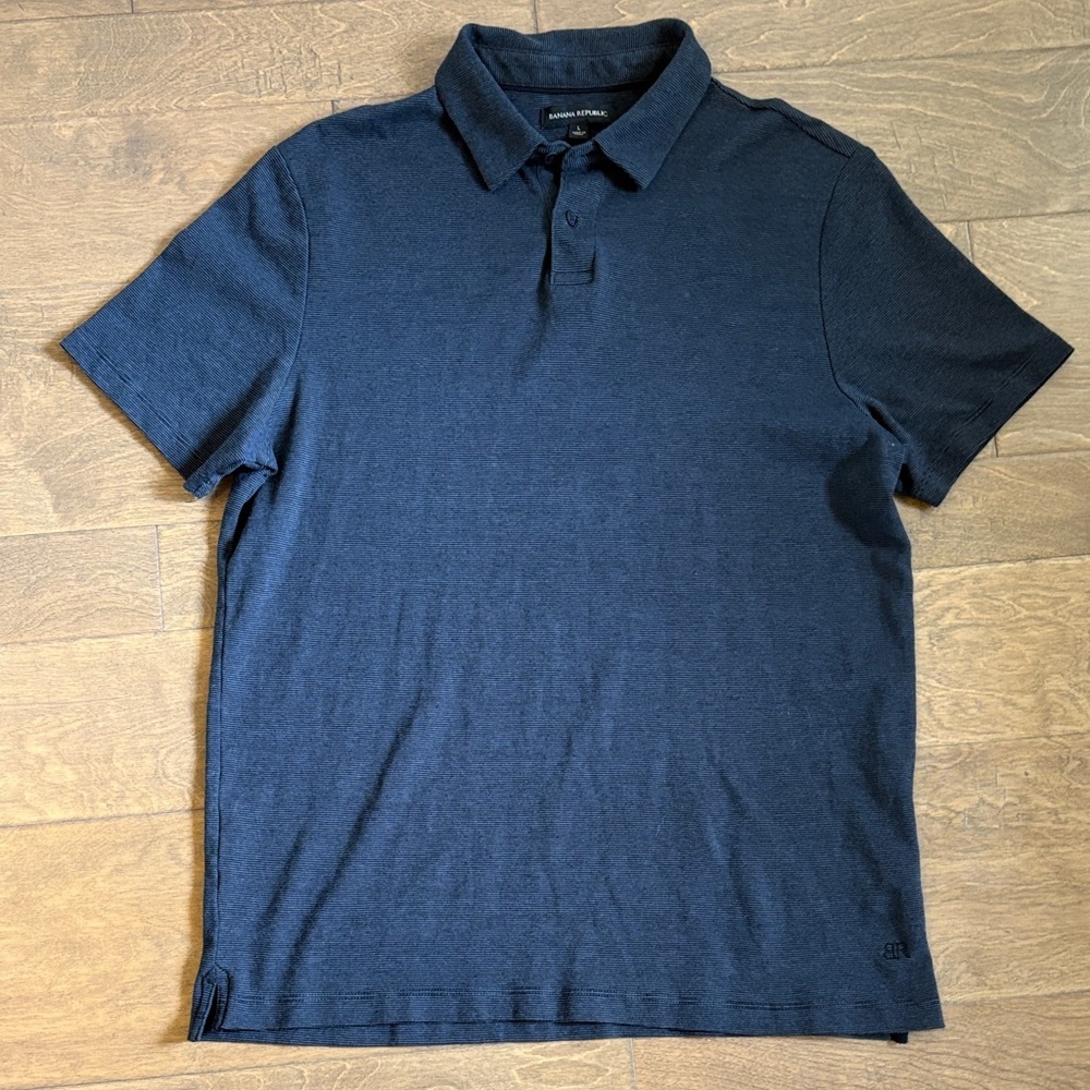 Banana Republic Men’s Polo Cotton Black Gray Pinstripes Size Large